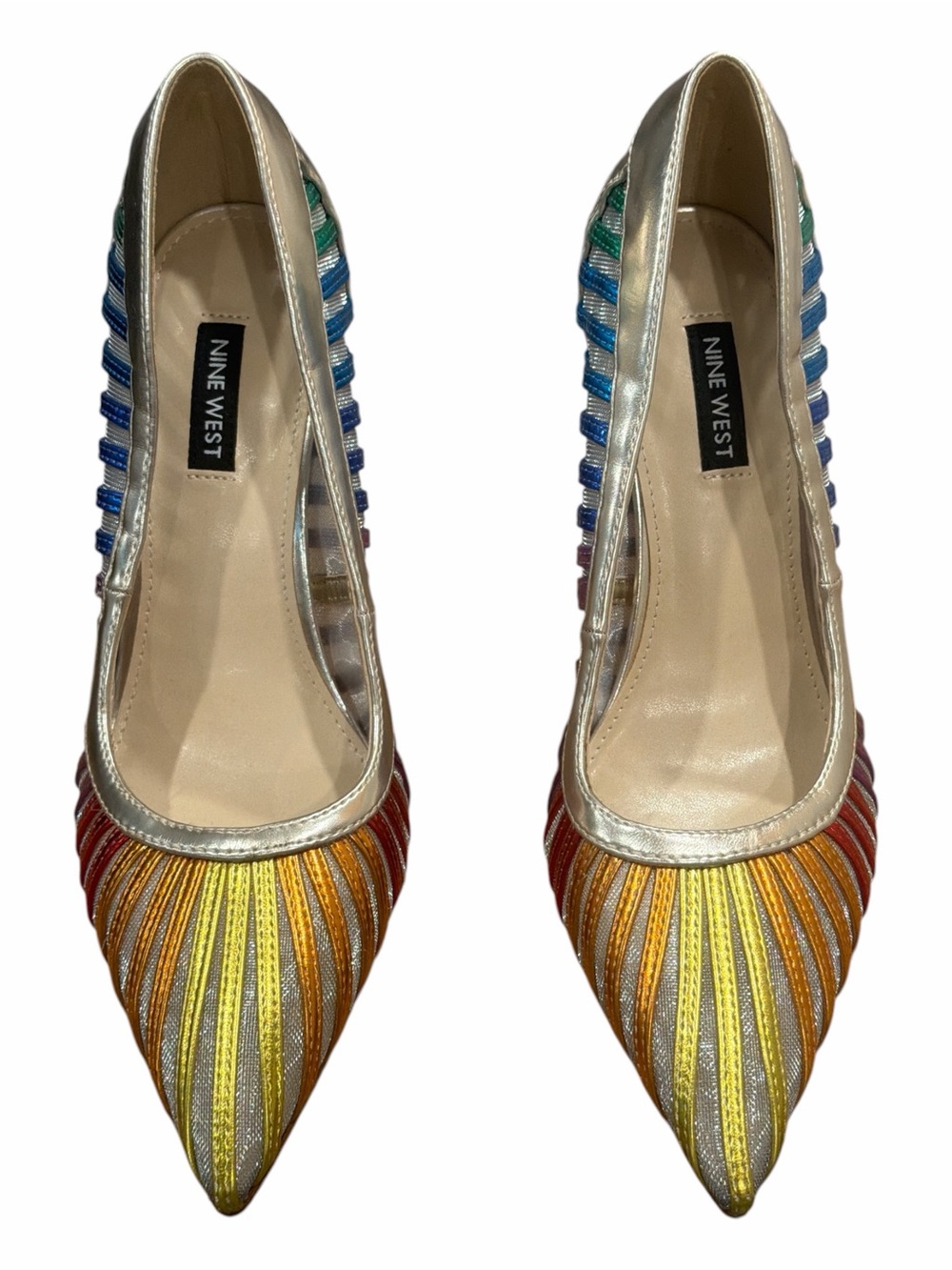 Nine West Feresa Multi Metallic Rainbow Striped Pointed Toe Pumps 8M NWOB